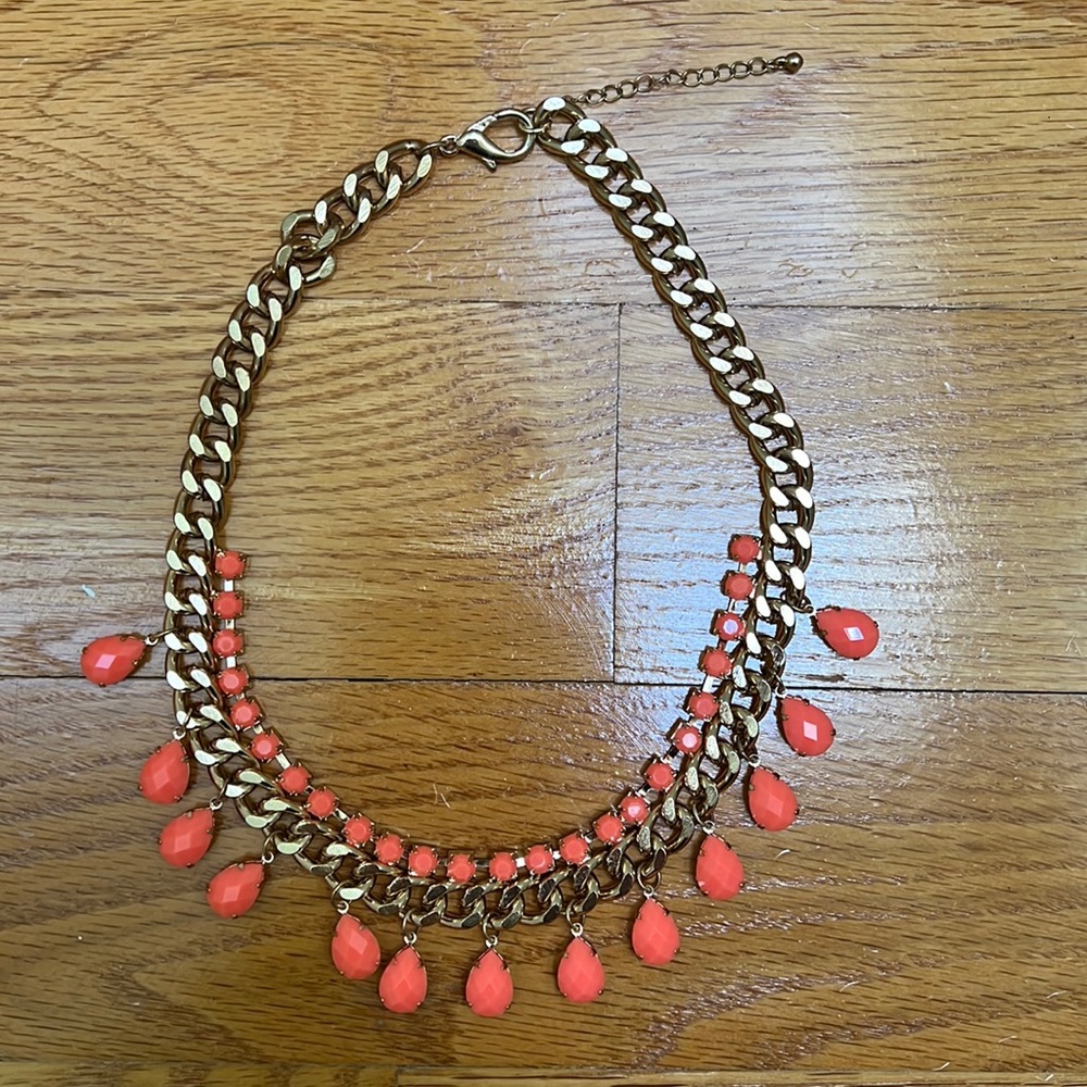 Pink/orange stones gold chain statement necklace